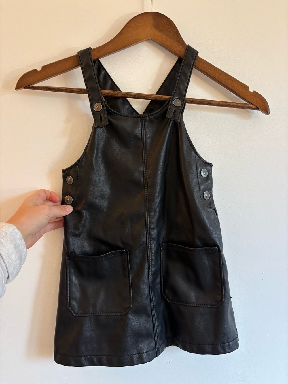wonder nation Black Faux Leather Pinafore Dress with Front Pockets